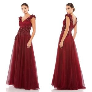 Mac Duggal Red V-Neck Flutter Sleeve Gown